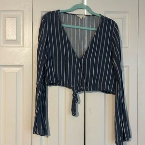La Hearts Navy Striped Tie-Front Blouse